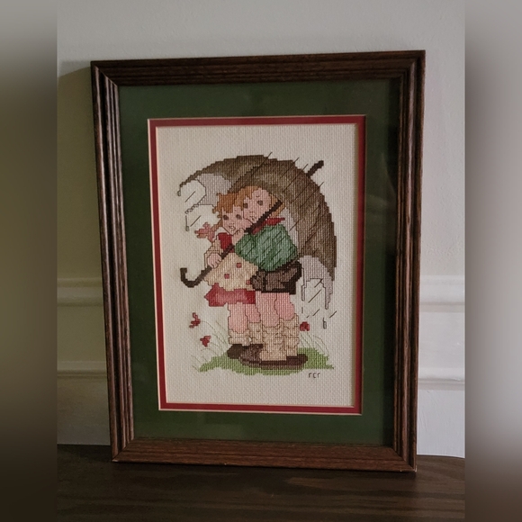 Other - Vintage 1985 Stormy Weather Boy And Girl Cross Stitch Framed   10”X 13”